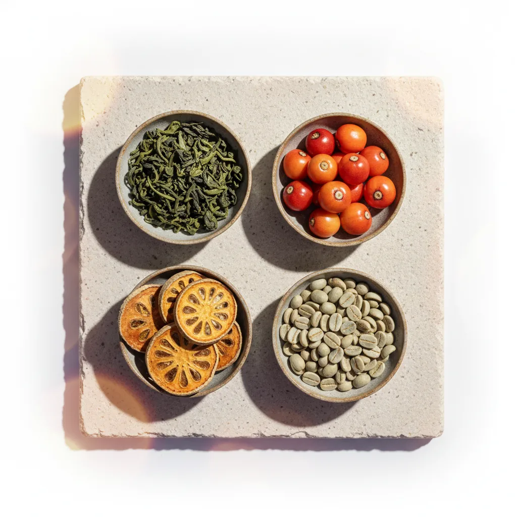 Flat lay of green tea leaves, guaraná berries, green coffee beans and garcinia cambogia on a stone surface - guaraná and green coffee bean extract supplement