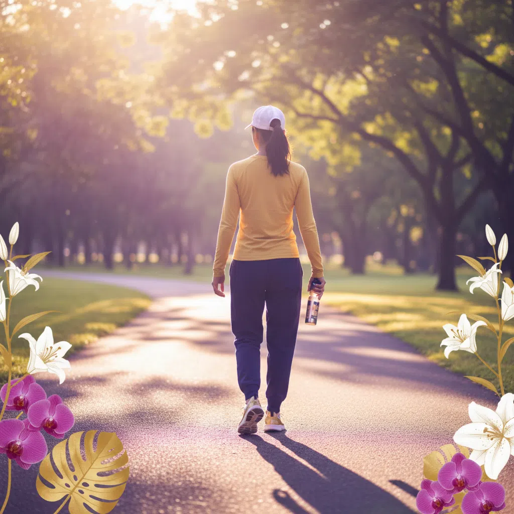 Person from behind walking on a sunny park path in activewear - natural energy supplement with plant extracts and active lifestyle