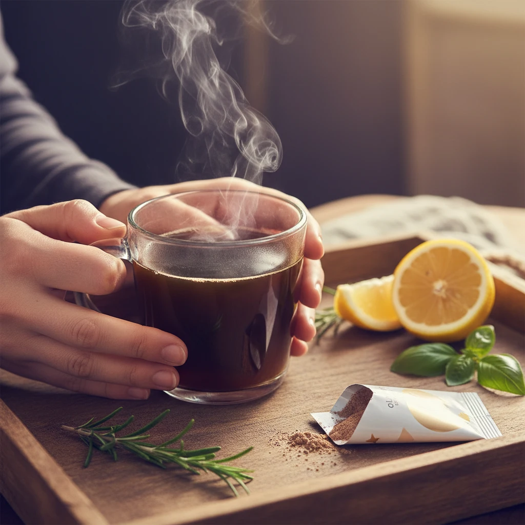 Hands holding a steaming glass mug of coffee beside an open supplement sachet on a wooden tray - daily coffee ritual for active lifestyle