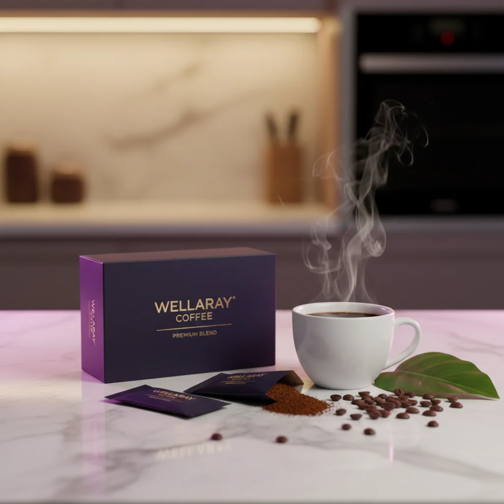 Wellaray Coffee box and open sachets on a marble kitchen counter with coffee beans and green leaf